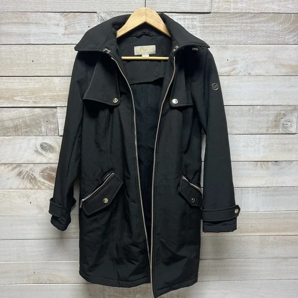 Michael Kors Trench Coat Womens Small Black Hooded Full Zip MK Logo Lined - Picture 6 of 15